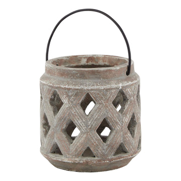 Brown ceramic lattice lantern with diamond-cut patterns casting intricate light shadows, perfect for modern or rustic decor. by Sostter at brixbailey.com