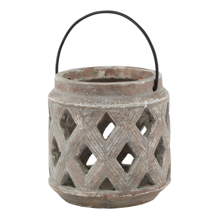 Brown ceramic lattice lantern with diamond-cut patterns casting intricate light shadows, perfect for modern or rustic decor. by Sostter at brixbailey.com