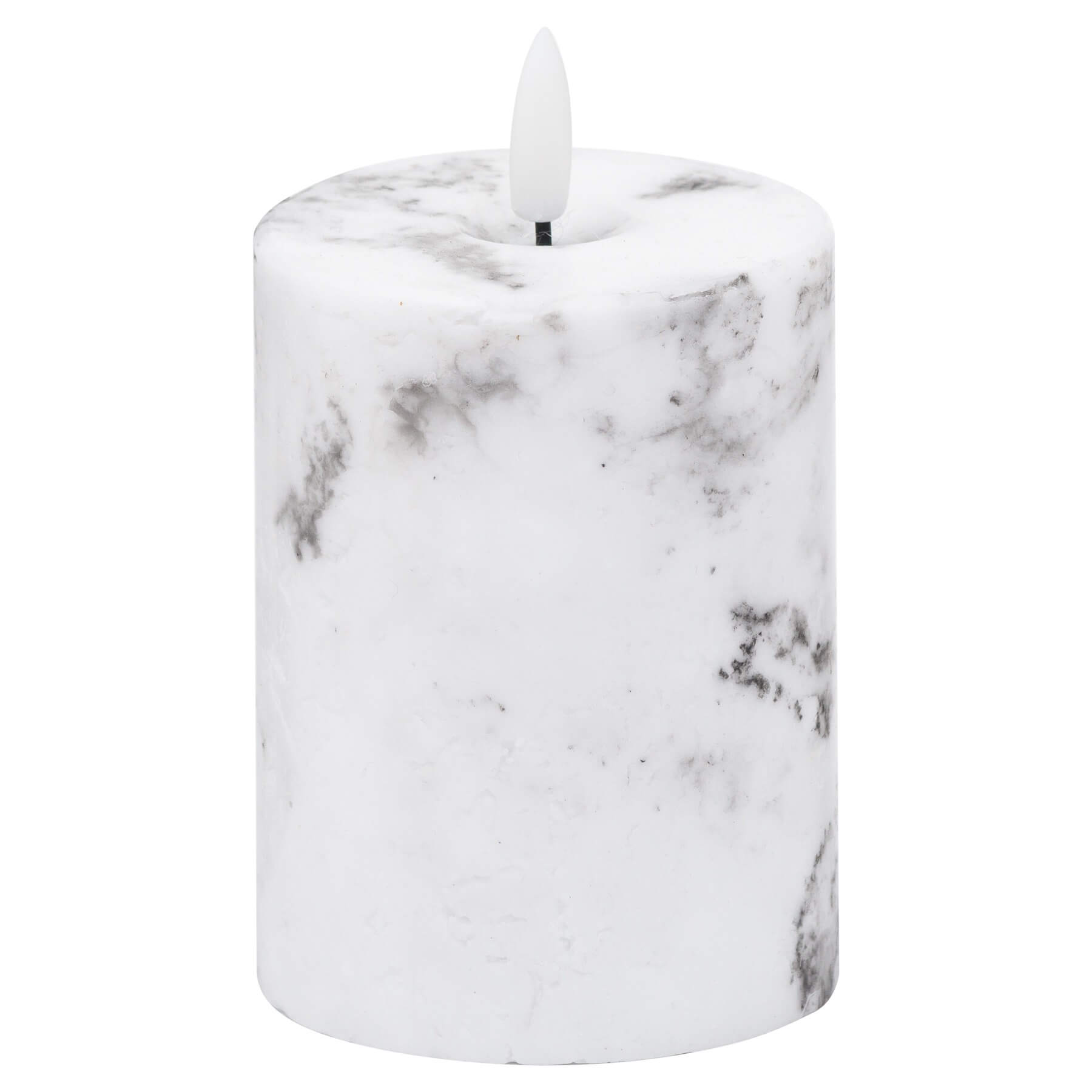 White marble-effect LED pillar candle with realistic flickering amber glow and unique veining patterns. by Sostter at brixbailey.com