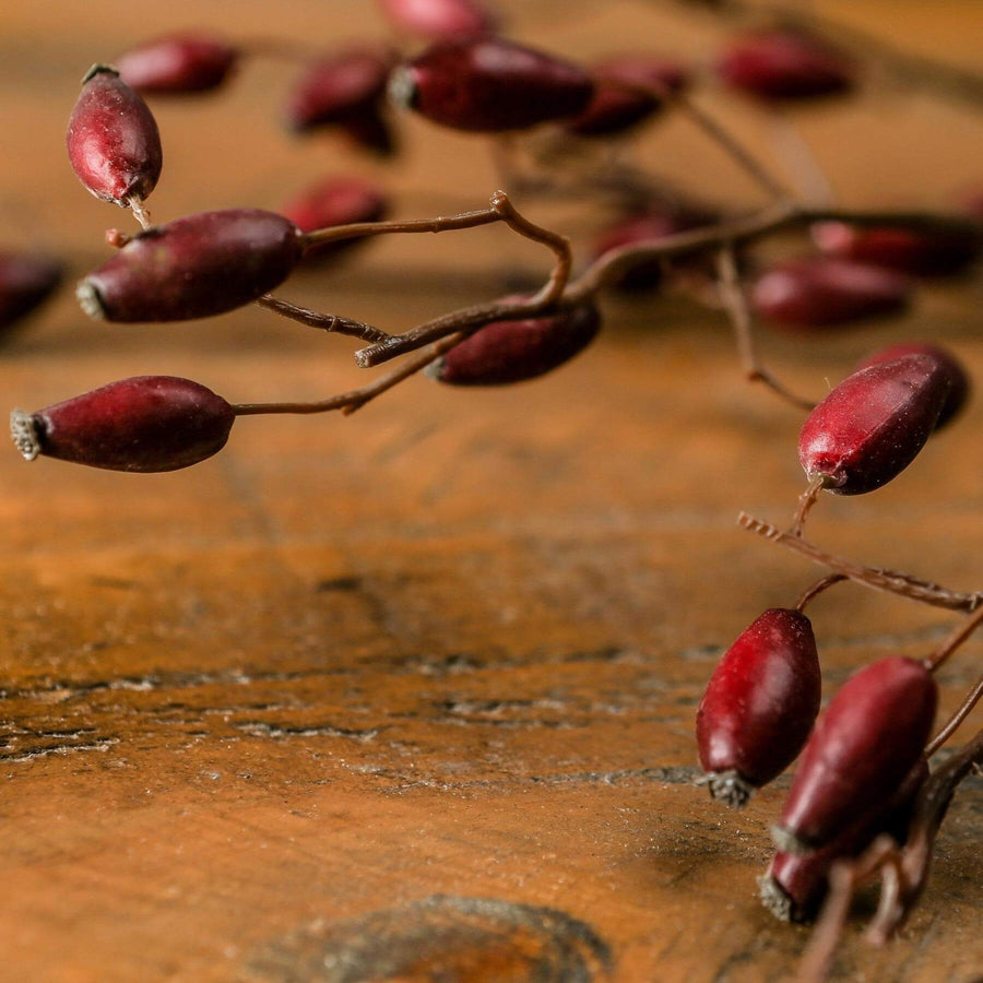 Burgundy rosehip stem in vase, lifelike plastic floral decor with deep red petals, 42.5 inches tall by Sostter at brixbailey.com