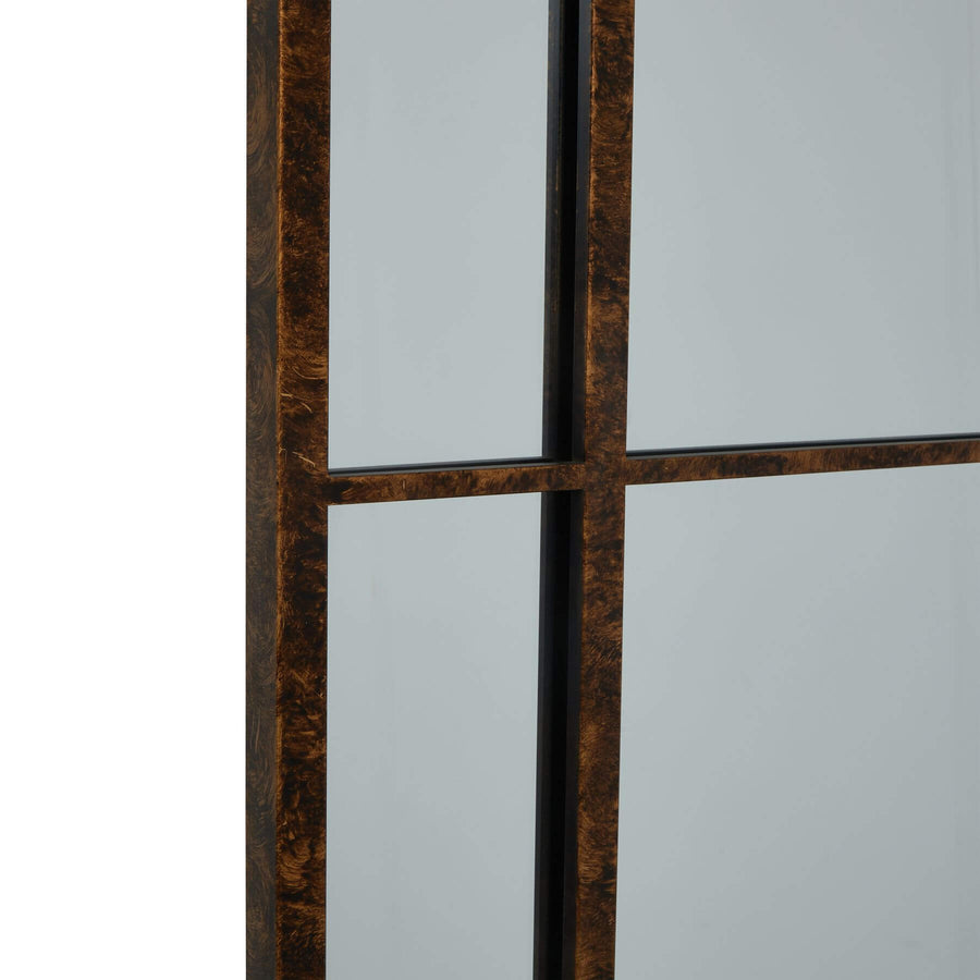Rustic arched mirror with brown patina finish, 200cm tall, solid wood frame, vintage decor statement piece by Sostter at brixbailey.com