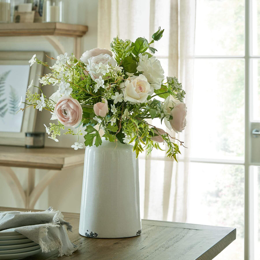 Palest pink artificial tea rose with green foliage, lifelike silk bloom for home decor by Sostter at brixbailey.com
