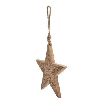 Handcrafted wooden star ornament with geometric carvings, natural wood grain, and warm brown finish for holiday or home decor. by Sostter at brixbailey.com