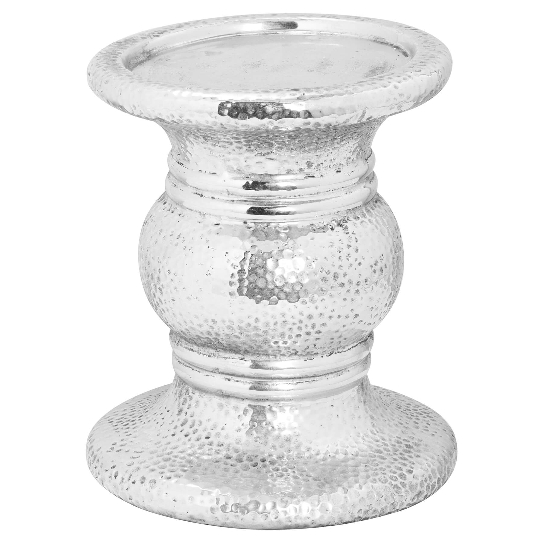 Handcrafted ceramic candle holder with hammered silver finish, 24cm tall, creating warm ambient light for home decor. by RoomLondon at brixbailey.com