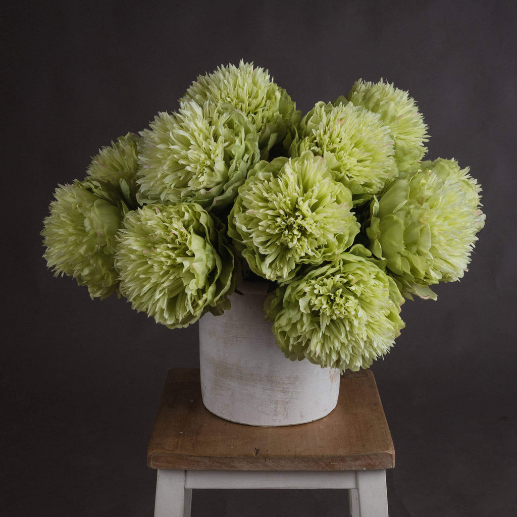 Lifelike green peony artificial stem with soft sage petals, perfect for farmhouse or contemporary decor by RoomLondon at brixbailey.com