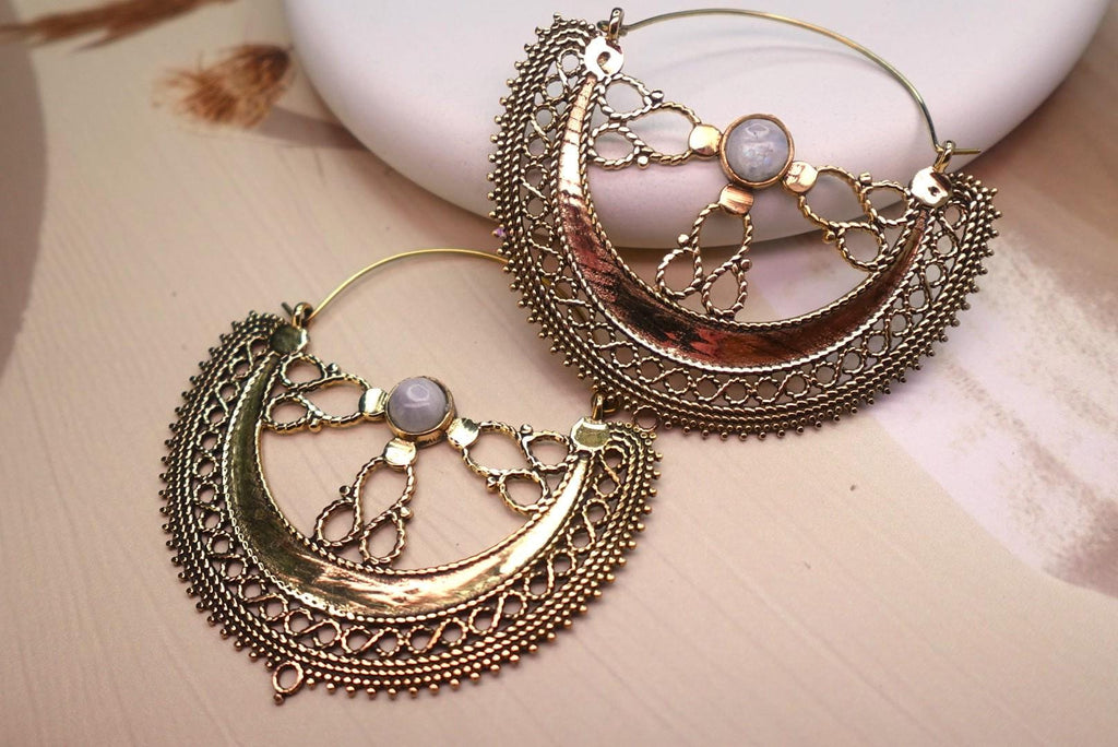Filigree Crescent Moon Earrings with Gemstone.