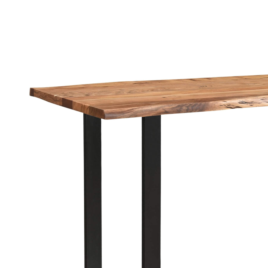Live edge acacia wood bar table with black metal base, showcasing natural grain in modern rustic style. by Sostter at brixbailey.com