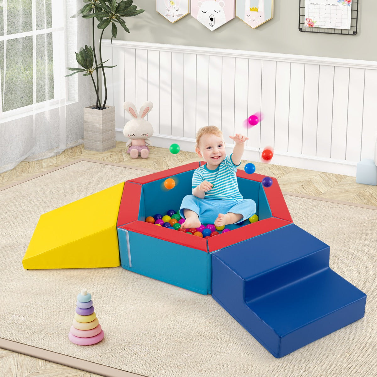 3 Piece Baby Foam Climbing Blocks Set with Ball Pit and Balls in Blue