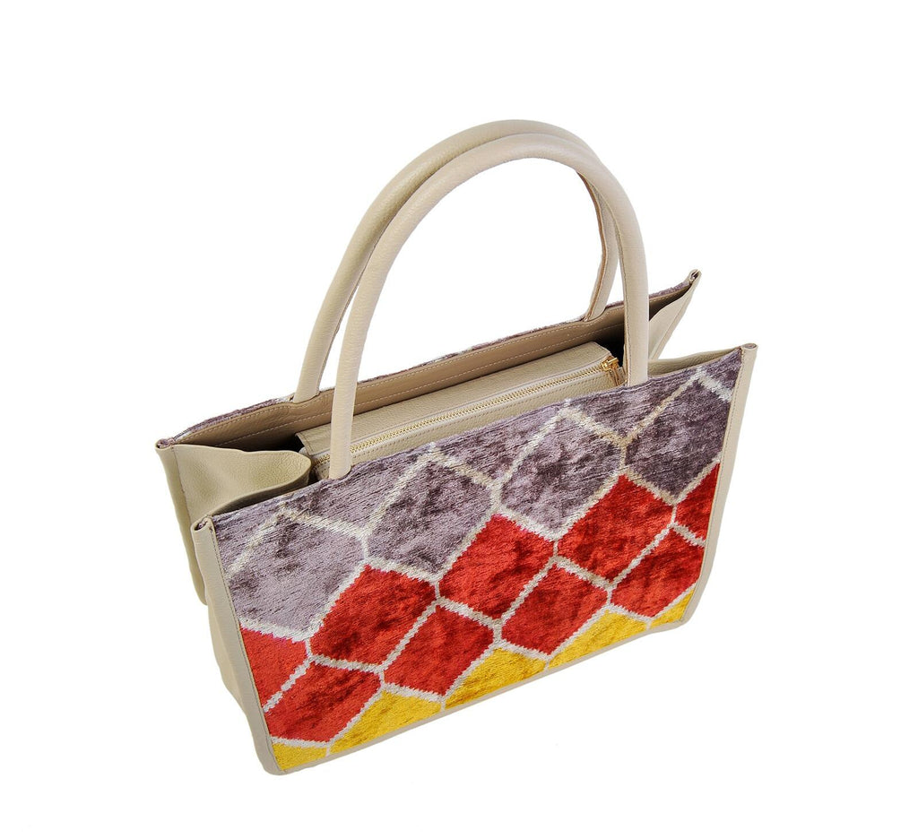 Luxurious Rachel Large Tote Bag – Silk & Leather Elegance by Jkel at www.brixbailey.com