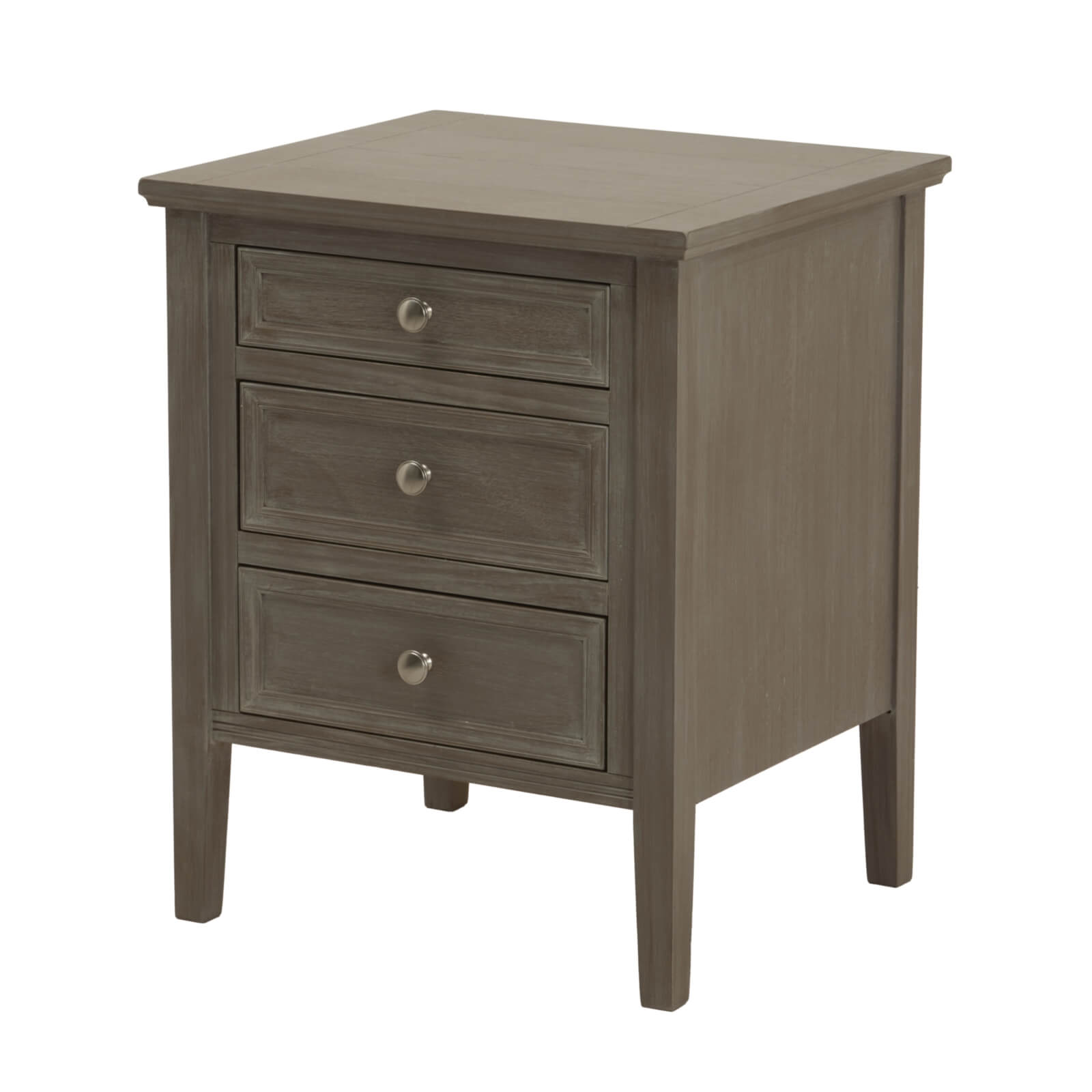 Distressed grey solid wood bedside table with three smooth-gliding drawers for bedroom storage by Sostter at brixbailey.com