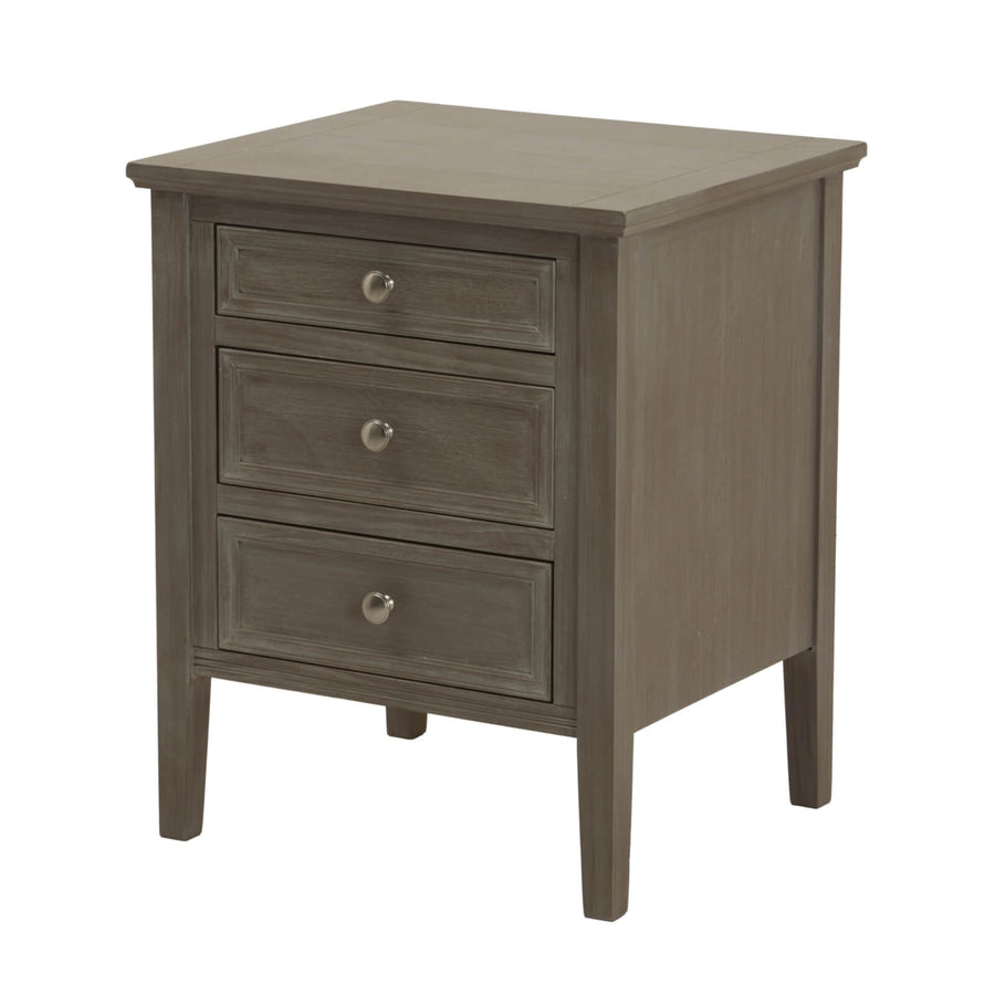 Distressed grey solid wood bedside table with three smooth-gliding drawers for bedroom storage by Sostter at brixbailey.com