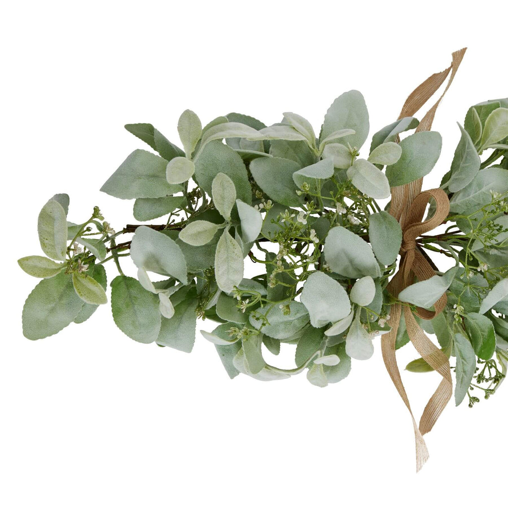 Artificial winter spray arrangement with frosted lambs ear and wax flowers, soft green, 70 cm tall, for holiday decor by Sostter at brixbailey.com