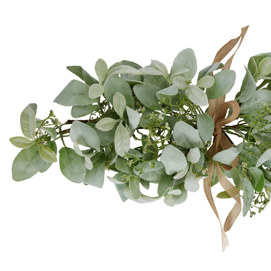 Artificial winter spray arrangement with frosted lambs ear and wax flowers, soft green, 70 cm tall, for holiday decor by Sostter at brixbailey.com