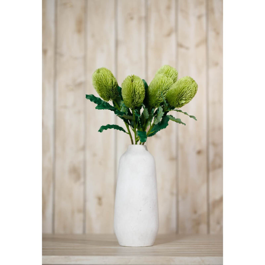 Lifelike green Banksia Serrata artificial stem, 65cm tall with realistic botanical details for home decor by Sostter at brixbailey.com