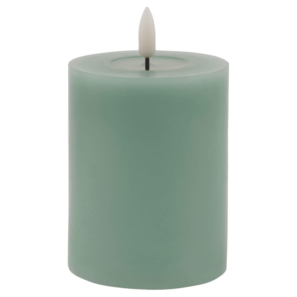 Sage green LED wax candle with realistic drips, flameless ambiance for modern decor  by RoomLondon at brixbailey.com