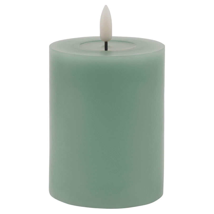 Sage green LED wax candle with realistic drips, flameless ambiance for modern decor  by Sostter at brixbailey.com