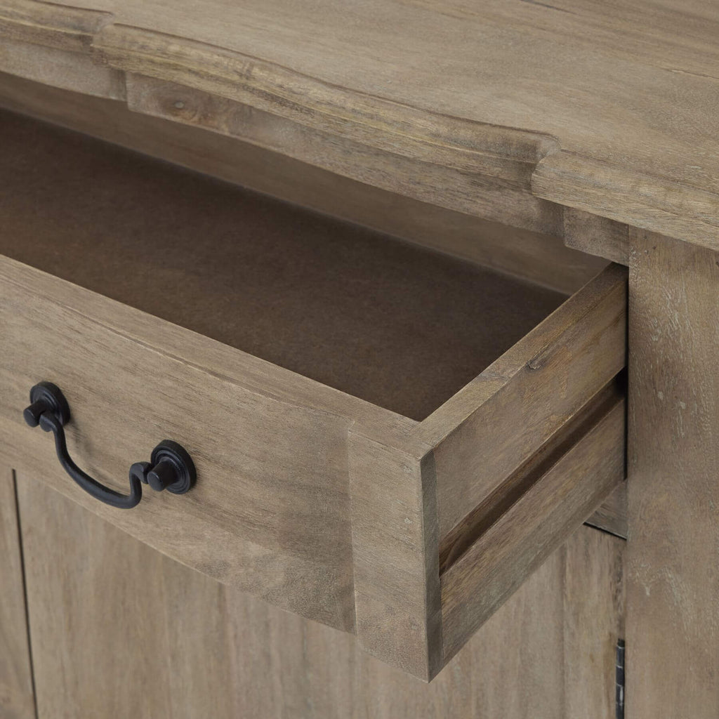Bleached wood French sideboard with black iron handles, contemporary storage for dining rooms. by Sostter at brixbailey.com