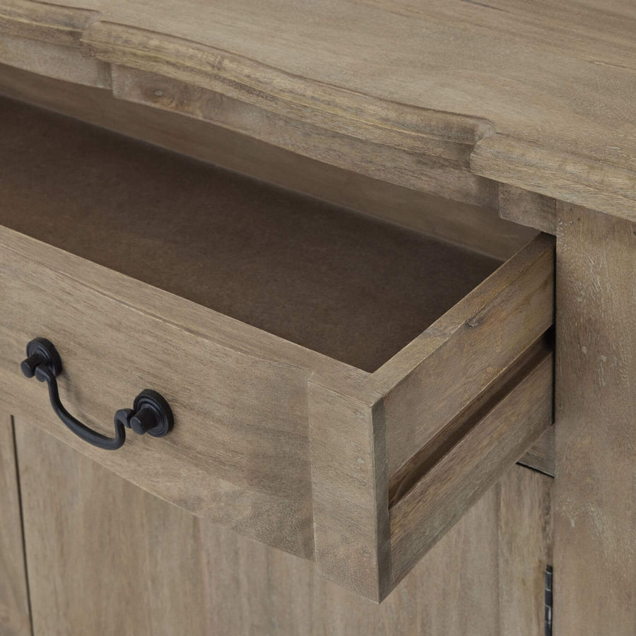 Bleached wood French sideboard with black iron handles, contemporary storage for dining rooms. by Sostter at brixbailey.com
