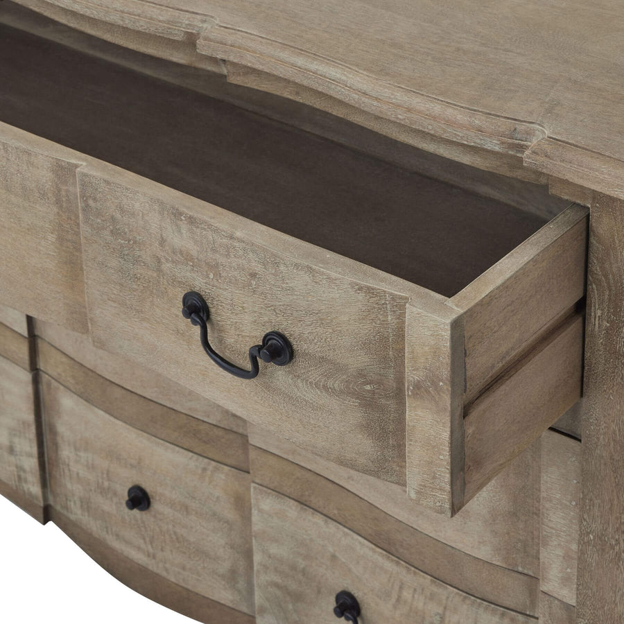 French provincial bleached wood chest with black iron handles, three drawers, and distressed finish for farmhouse decor. by Sostter at brixbailey.com