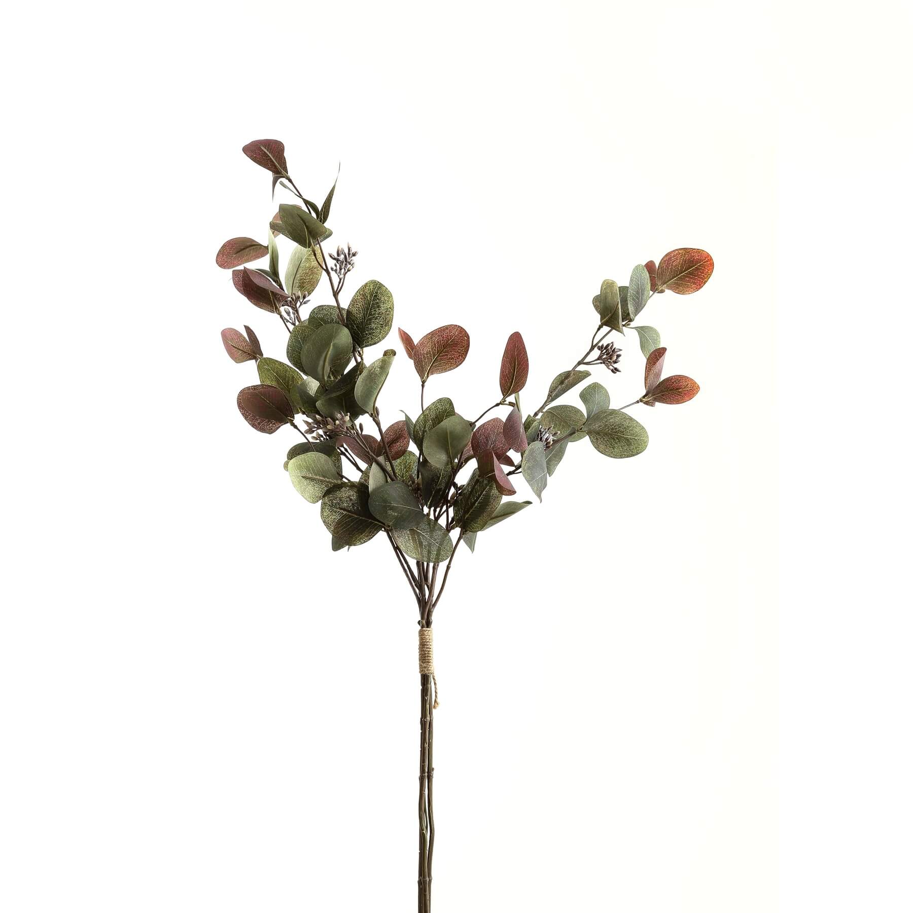 Lifelike eucalyptus bouquet with natural green leaves, grey tones, and ruby accents in a modern 30-inch arrangement by Sostter at brixbailey.com