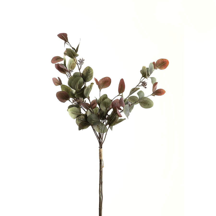 Lifelike eucalyptus bouquet with natural green leaves, grey tones, and ruby accents in a modern 30-inch arrangement by Sostter at brixbailey.com