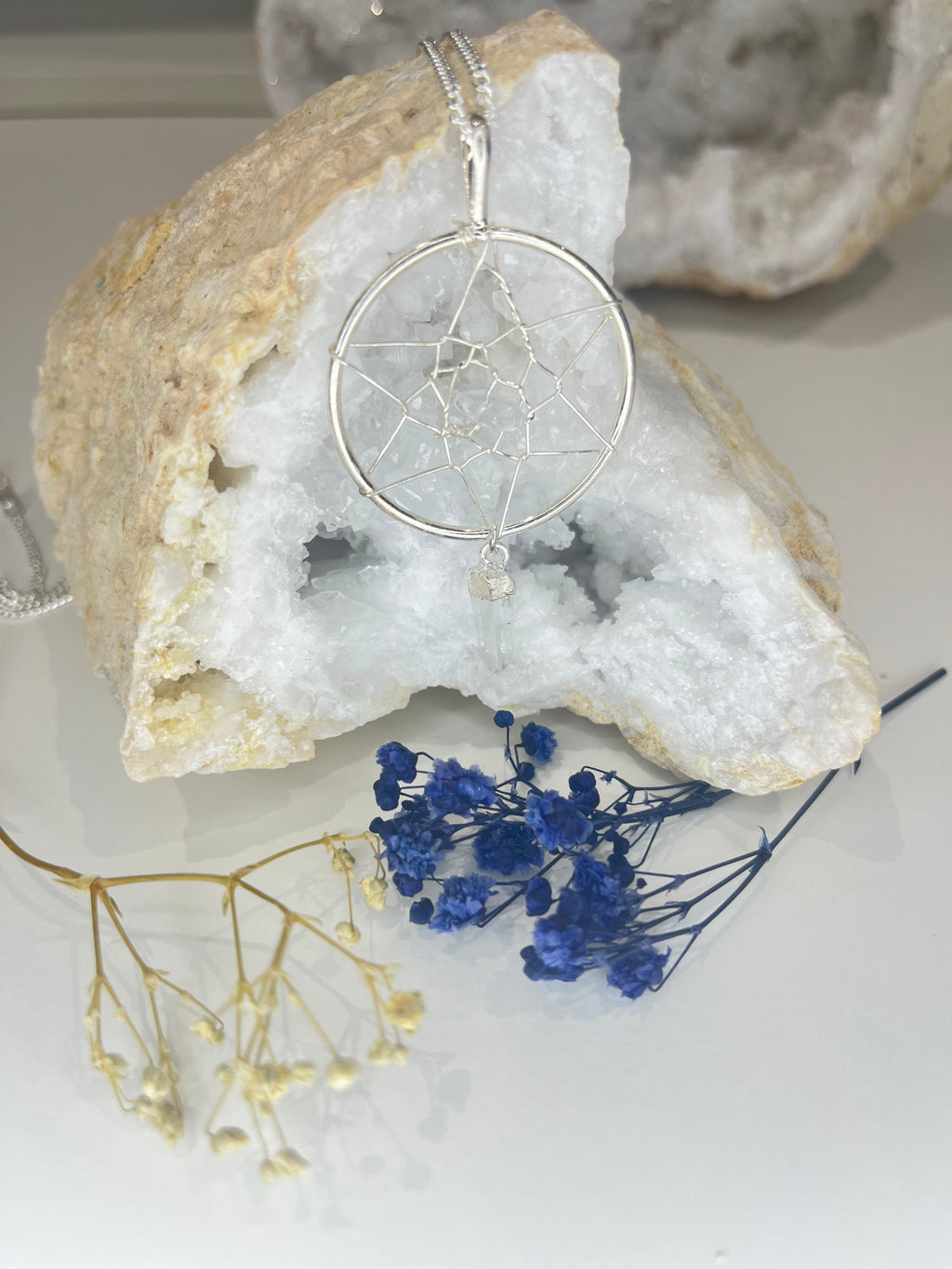 Quartz Dreamcatcher Pendant Necklace with Silver Plated Chain