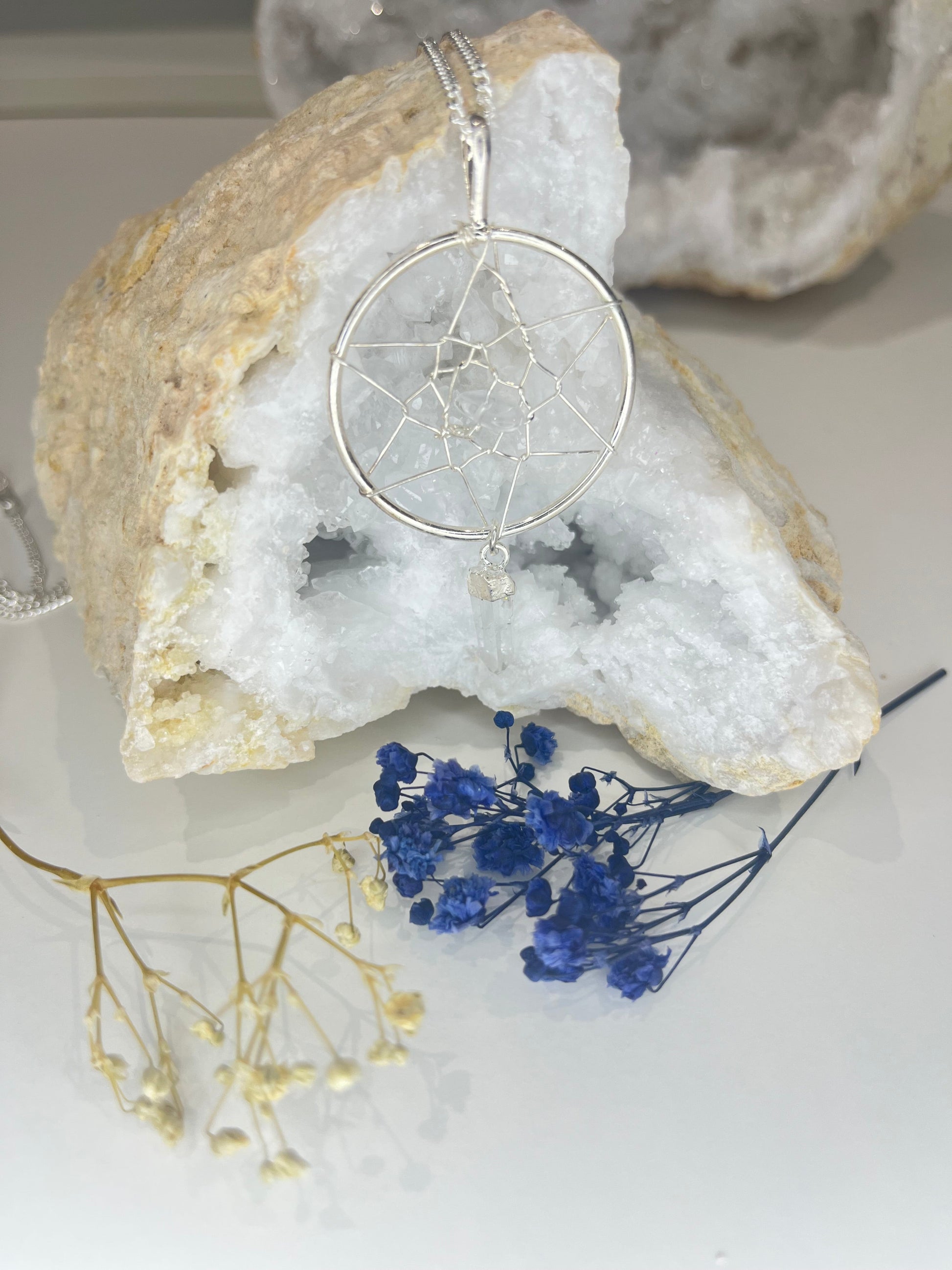 Quartz Dreamcatcher Pendant Necklace with Silver Plated Chain