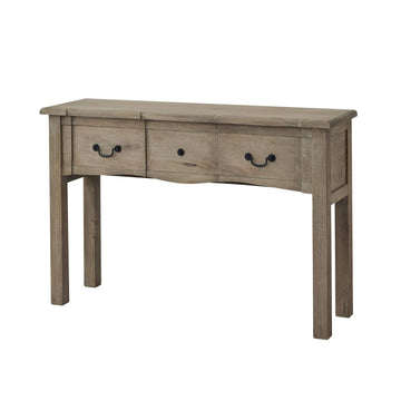 French provincial hardwood console with bleached finish, black iron handles, and spacious drawer for elegant living room storage by Sostter at brixbailey.com