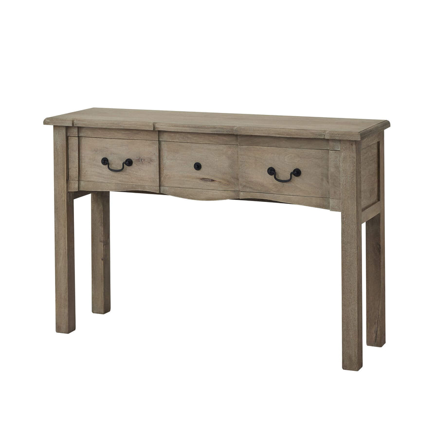 French provincial hardwood console with bleached finish, black iron handles, and spacious drawer for elegant living room storage by Sostter at brixbailey.com