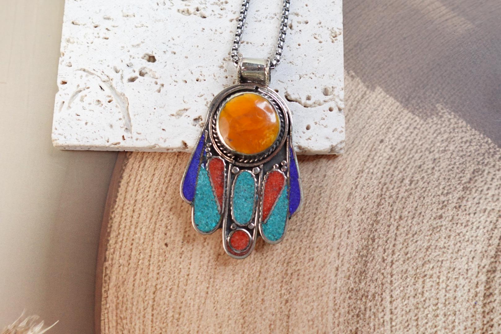 Hamsa Pendant, Tibetan Nepal, Amber, Lapis, Turquoise, Coral Stone Pendant, Fatima Hands hand of Fatima.