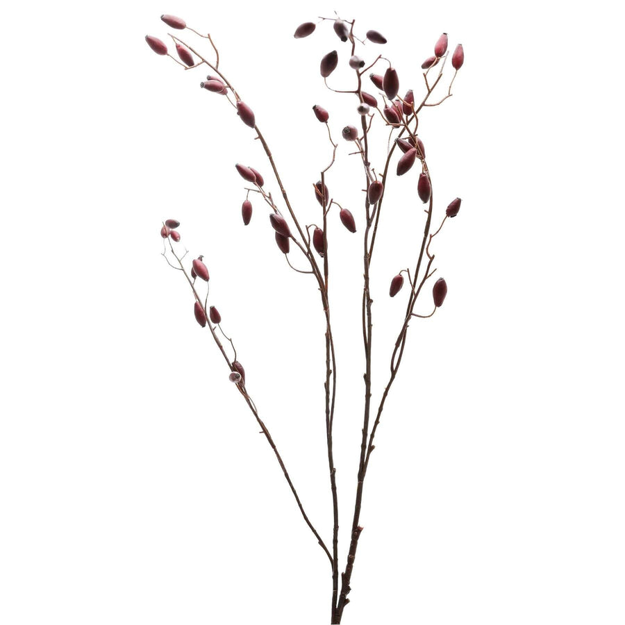 Burgundy rosehip stem with lifelike plastic petals, 42.5 inches tall, for elegant home decor or centerpieces by Sostter at brixbailey.com