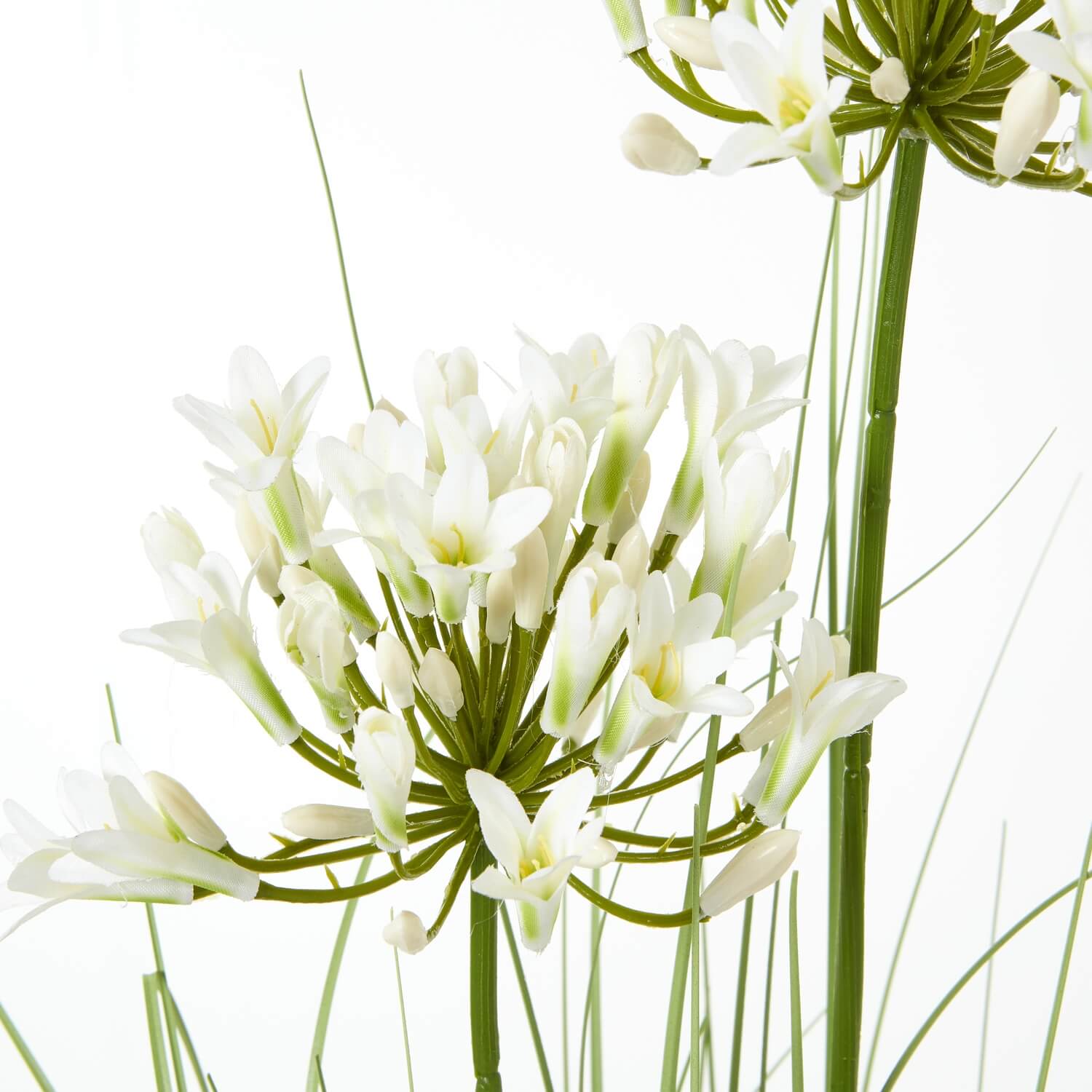 Lifelike white Agapanthus artificial flower arrangement in black pot, 35-inch tall faux African Lilies with green stems by Sostter at brixbailey.com