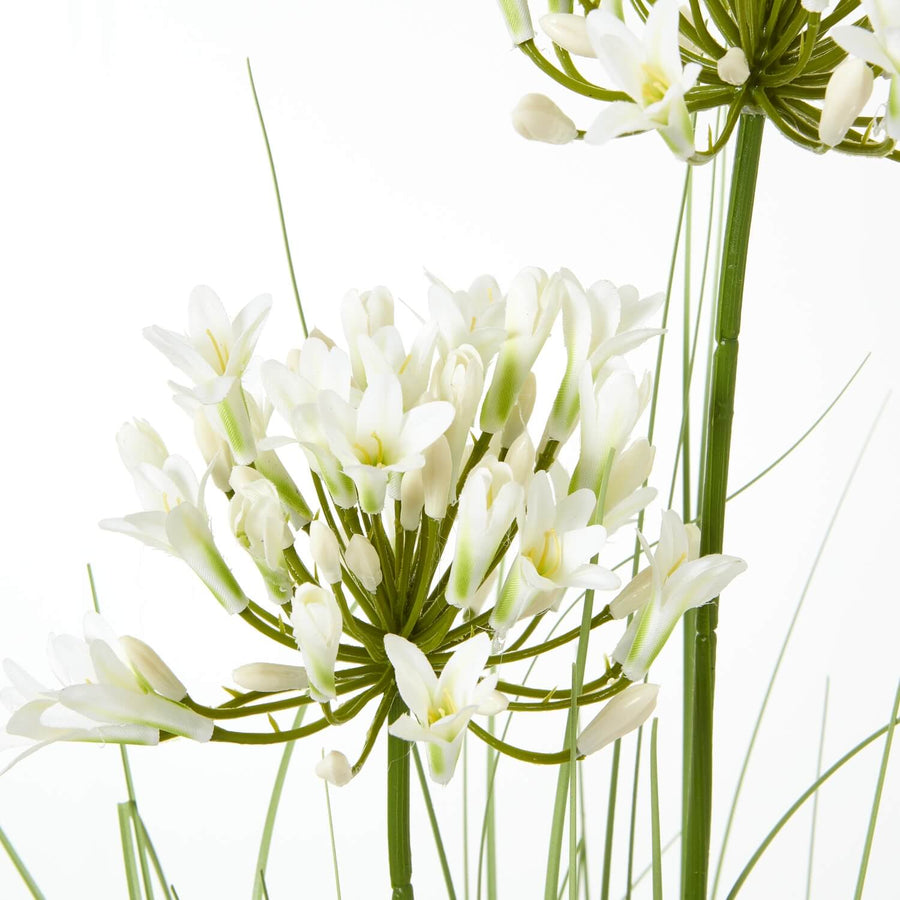 Lifelike white Agapanthus artificial flower arrangement in black pot, 35-inch tall faux African Lilies with green stems by Hill Interiors at brixbailey.com