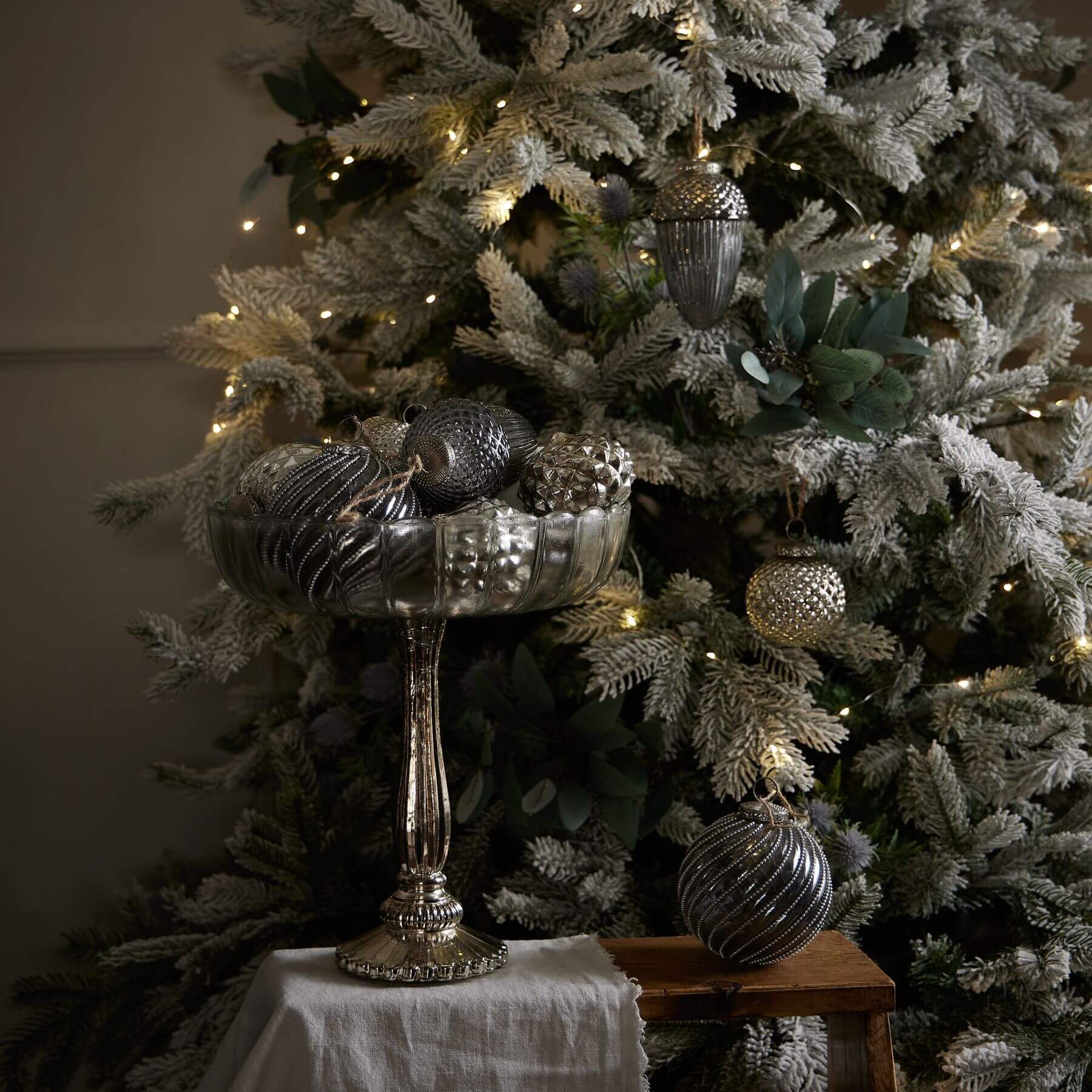 Silver mercury glass display bowl, 30cm, handcrafted with antiqued metallic finish for elegant tablescapes by RoomLondon at brixbailey.com