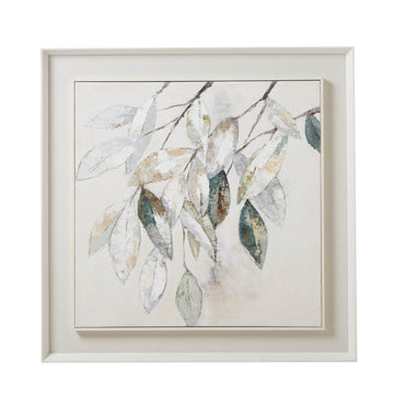 Framed Dolce Mottle leaf painting with silvery leaves on textured canvas in soft muted tones, white wooden frame by Sostter at brixbailey.com