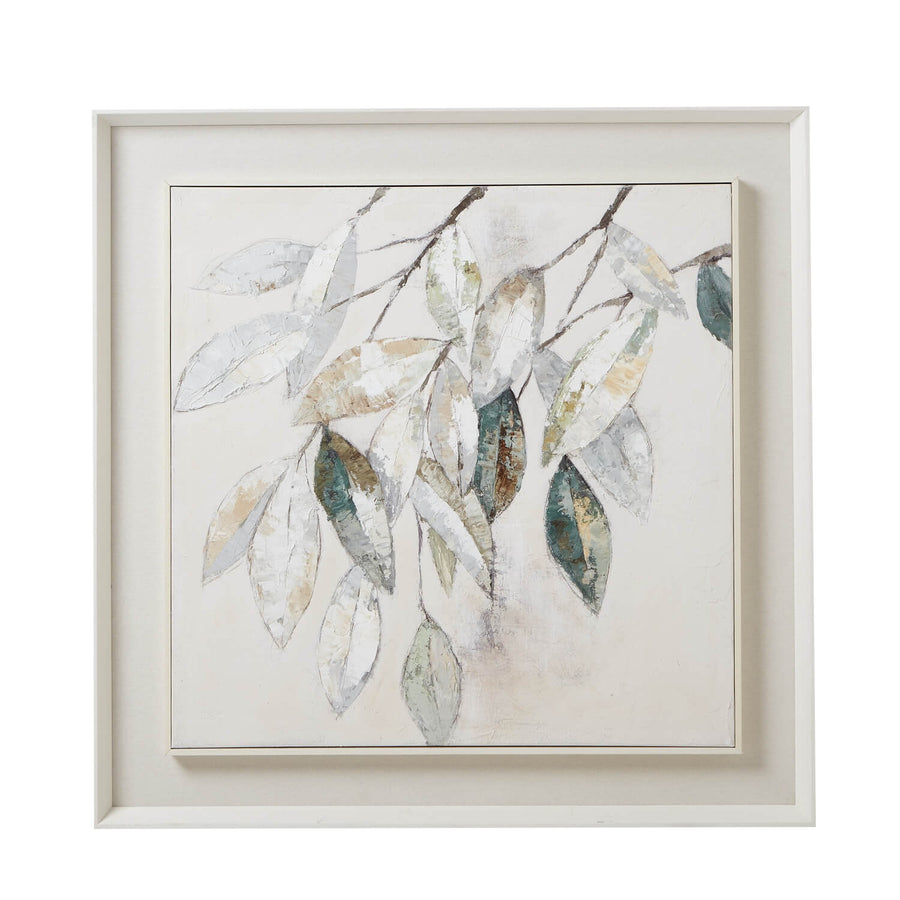 Framed Dolce Mottle leaf painting with silvery leaves on textured canvas in soft muted tones, white wooden frame by Sostter at brixbailey.com
