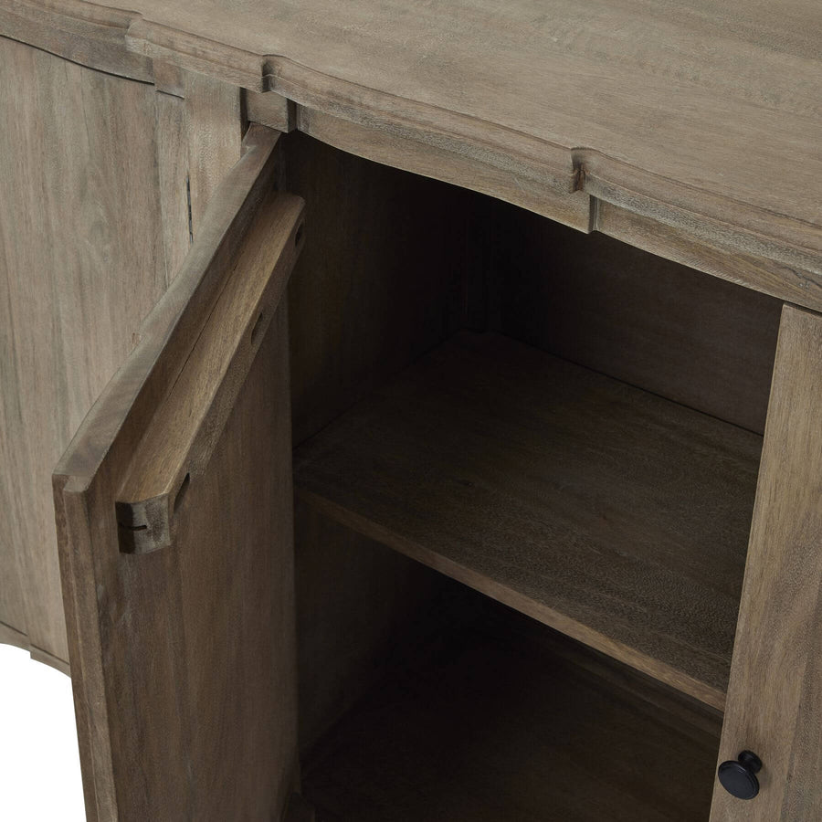 French-inspired Copgrove 4-door hardwood sideboard with bleached finish and black iron handles, warm brown tones. by Sostter at brixbailey.com