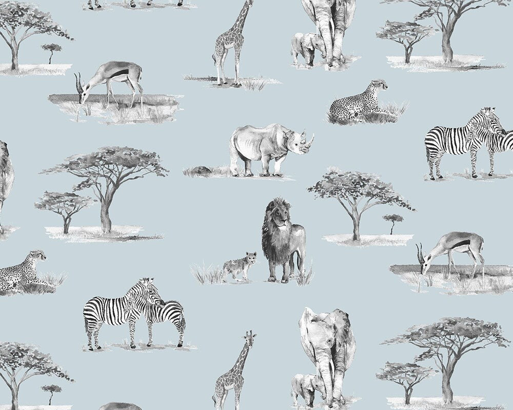 Safari Animals Hand-Designed Children's Wallpaper - Blue, Cream and Grey Colour Options