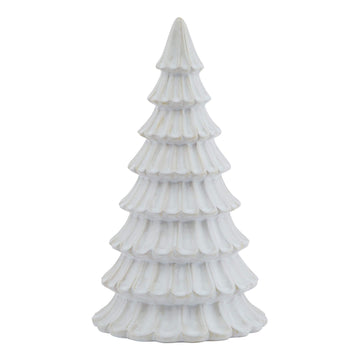 Handcrafted white ceramic fir tree sculpture with geometric Nordic design, casting dynamic shadows, 25cm tall. by Sostter at brixbailey.com