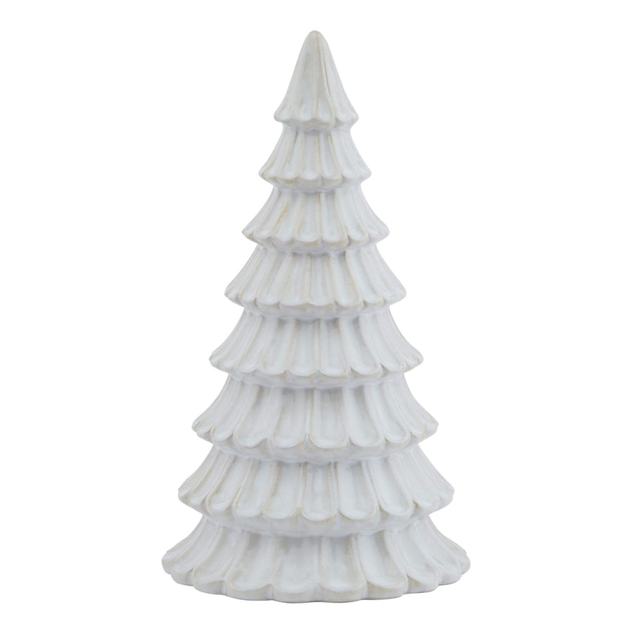 Handcrafted white ceramic fir tree sculpture with geometric Nordic design, casting dynamic shadows, 25cm tall. by Sostter at brixbailey.com