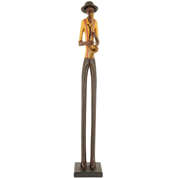 Bronze and gold saxophonist sculpture, modernist jazz musician decor for home or office  

*(98 characters)*  

- **Keywords included:** bronze, gold, saxophonist sculpture, modernist, jazz musician, decor, home, office  
- **Clear description:** Visually describes the metallic finish, subject (jazz musician), and purpose (decor)  
- **SEO & accessibility optimized:** Concise yet detailed for screen readers while including search-friendly terms by Sostter at brixbailey.com