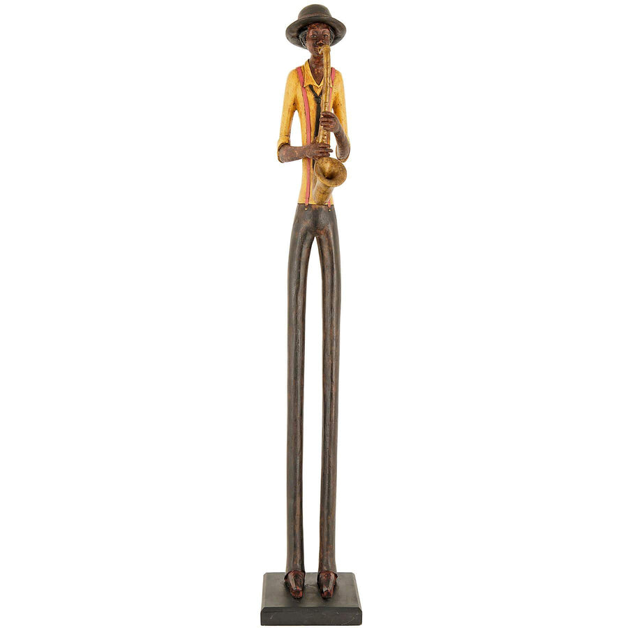 Bronze and gold saxophonist sculpture, modernist jazz musician decor for home or office  

*(98 characters)*  

- **Keywords included:** bronze, gold, saxophonist sculpture, modernist, jazz musician, decor, home, office  
- **Clear description:** Visually describes the metallic finish, subject (jazz musician), and purpose (decor)  
- **SEO & accessibility optimized:** Concise yet detailed for screen readers while including search-friendly terms by Sostter at brixbailey.com