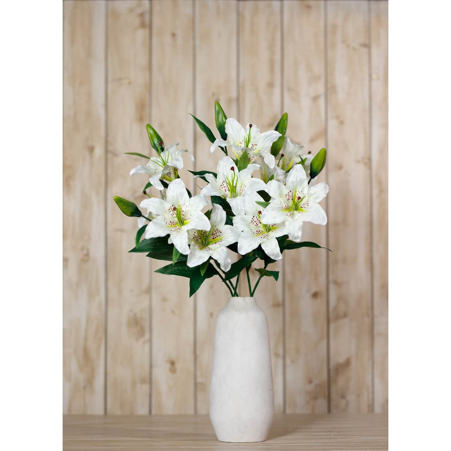 White Madonna Lily spray with lifelike ivory petals and green foliage, artificial floral arrangement for home decor. by Sostter at brixbailey.com