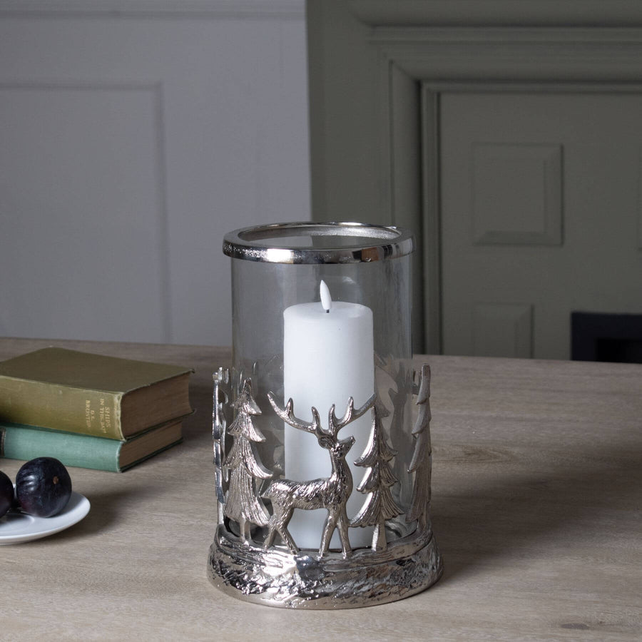 Silver stag hurricane lantern with frosted glass, intricate woodland metalwork in elegant silver finish by Sostter at brixbailey.com