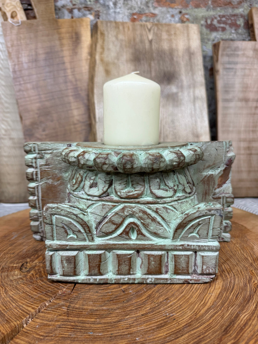 Rustic Church Candle Holder / Indian Pillar Base Holder / Farmhouse Decor Green