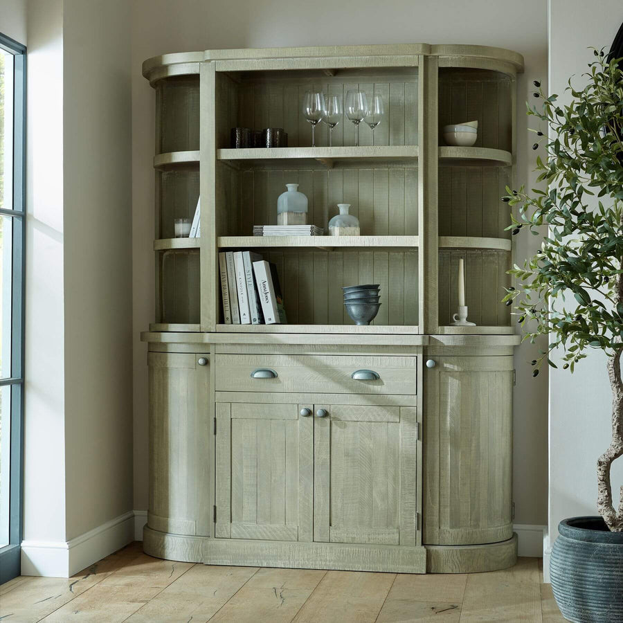 Saltaire 3-shelf dresser top in grey-stained pine, Scandinavian modern design with organic curves by Sostter at brixbailey.com