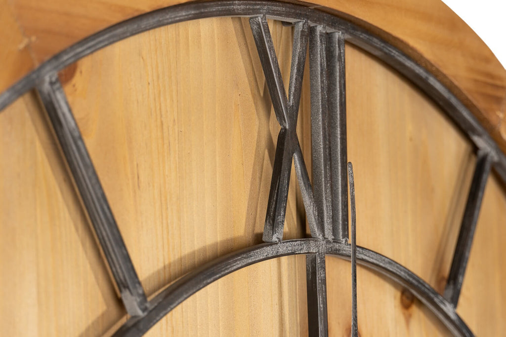Large wooden wall clock with grey roman numerals on warm brown wood, modern rustic decor statement piece by Sostter at brixbailey.com