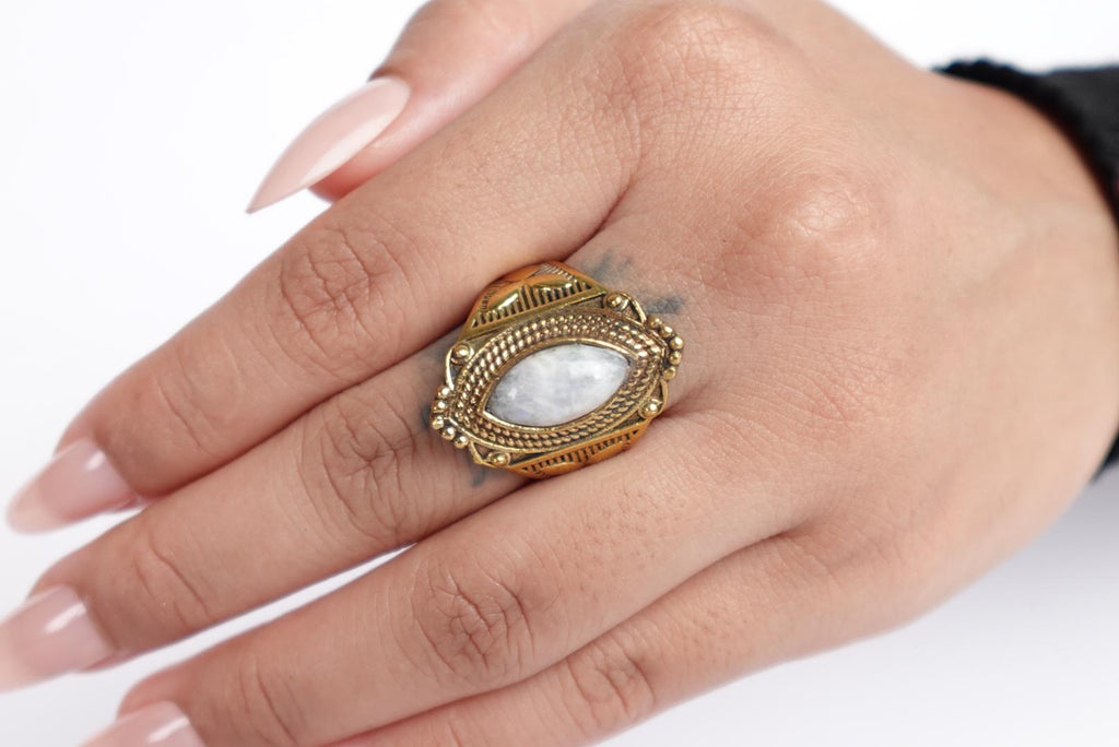 Large Moonstone Rings, Brass Rings, Large Boho Rings.