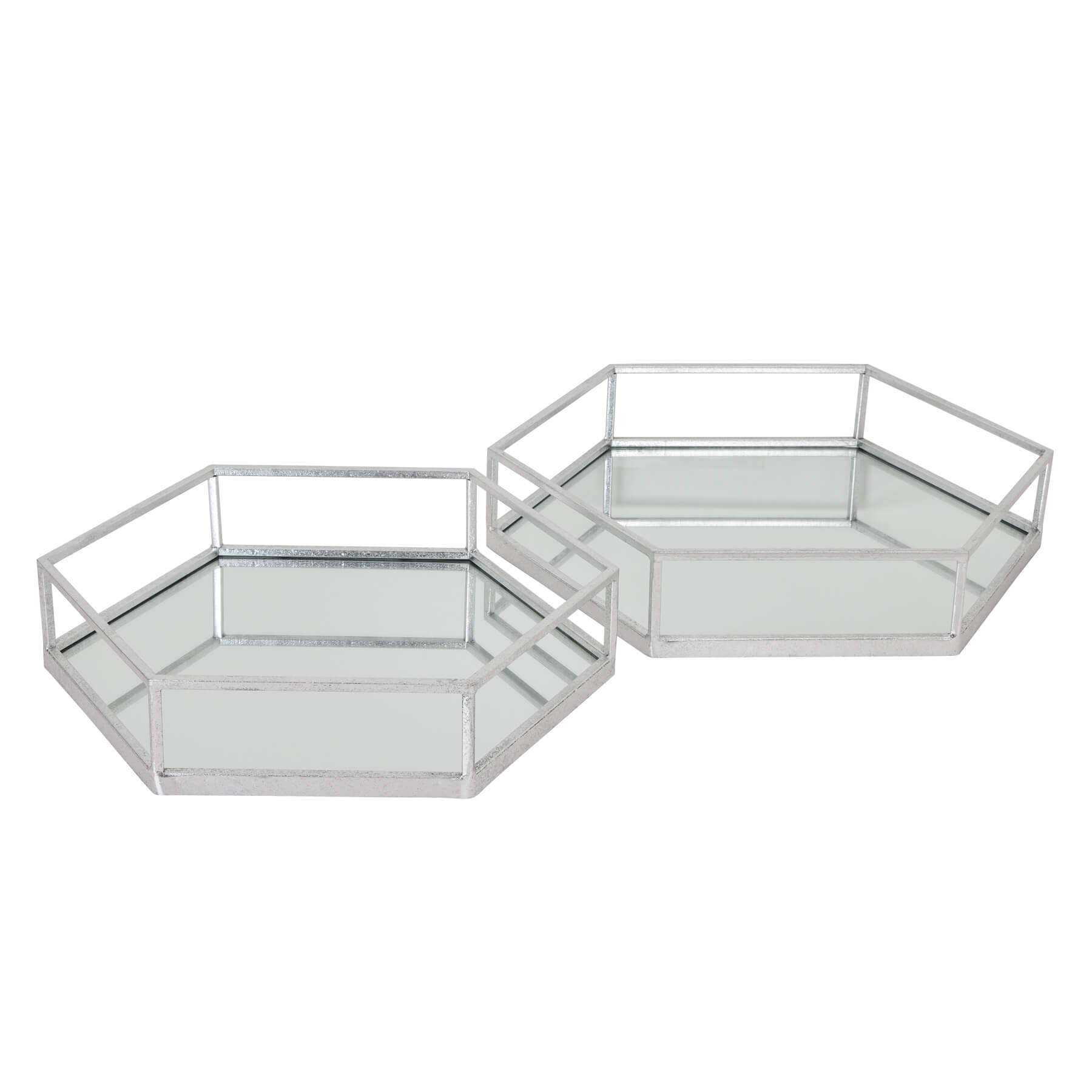 Silver hexagon glass trays with mesh detailing, modern home decor set of 2  

**  
- **Keywords:** silver, hexagon, glass trays, mesh detailing, modern home decor  
- **Clear description:** Visually describes the product's shape, material, and design  
- **SEO & accessibility optimized:** Concise yet informative for both search engines and screen readers by Sostter at brixbailey.com