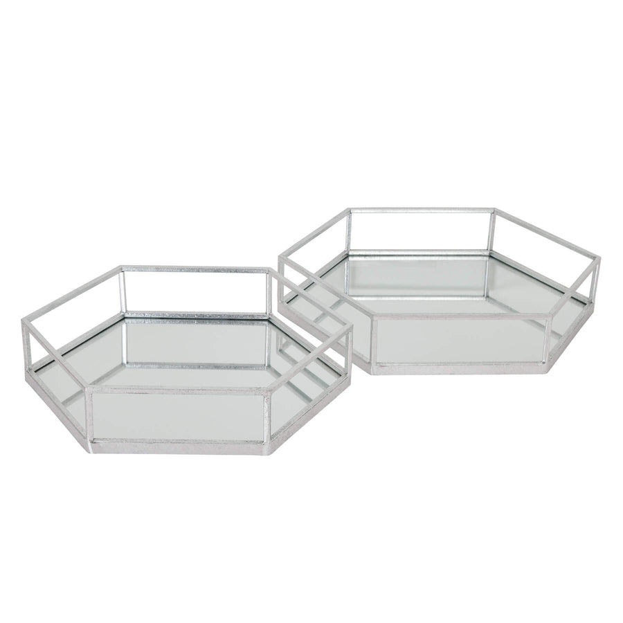 Silver hexagon glass trays with mesh detailing, modern home decor set of 2  

**  
- **Keywords:** silver, hexagon, glass trays, mesh detailing, modern home decor  
- **Clear description:** Visually describes the product's shape, material, and design  
- **SEO & accessibility optimized:** Concise yet informative for both search engines and screen readers by Hill Interiors at brixbailey.com